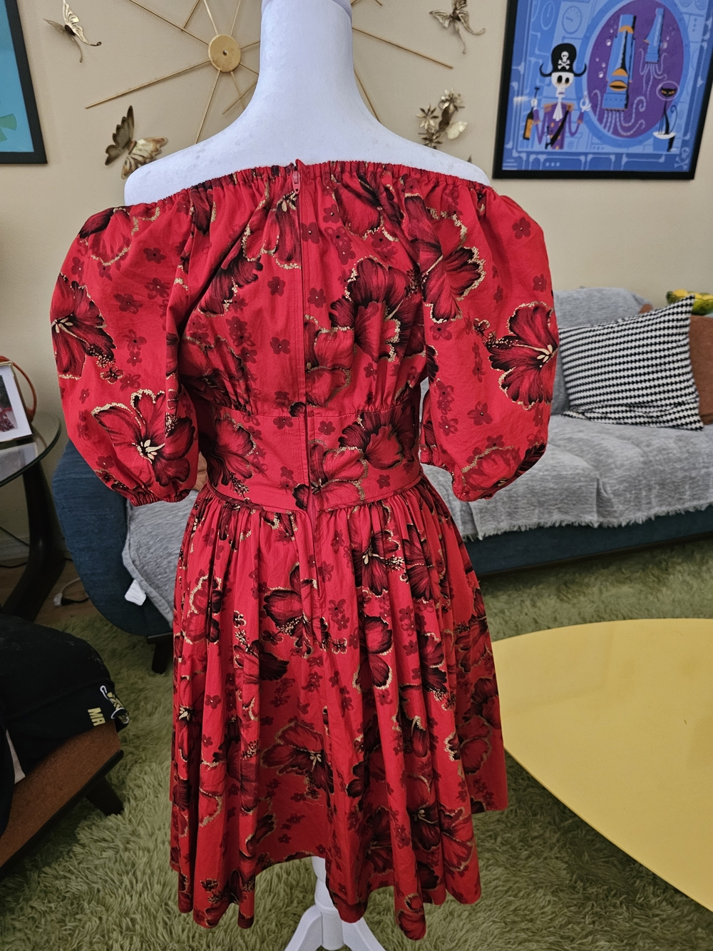 Hawaiian Off-Shoulder Red Floral Puff-Sleeve Dress